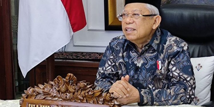 Wakil Presiden Ma’ruf Amin menyampaikan pidato sambutan dalam acara Pengenalan Kampus Universitas Katolik (Unika) Atma Jaya Jakarta, Senin (31/8/2020). (ANT)