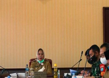 Bupati Kotawaringin Barat Hj Nurhidayah saat memimpin rapat pembahasan peraturan Bupati nomor 54 tahun 2020 tentang penerapan disiplin dan penegakkan hukum Protokol kesehatan dan pengendalian Corona disease 2019 di ruang rapat bupati. (ANT)