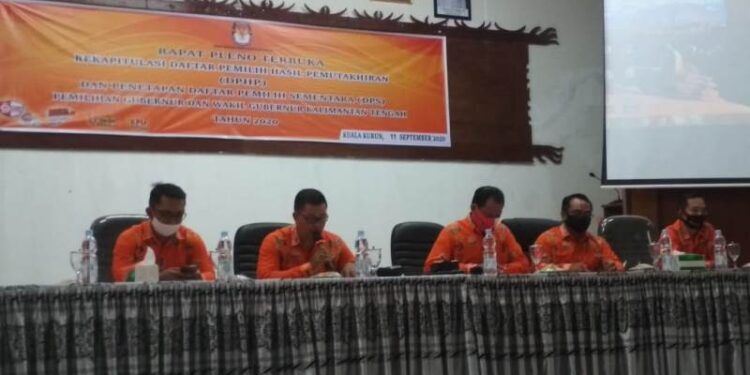 Suasana rapat pleno rekapitulasi DPHP dan penetapan DPS pada Pilgub dan Wagub Kalteng 2020 tingkat Kabupaten Gumas, di Kuala Kurun, Jumat (11/9/2020). (Foto: KPU Kabupaten Gumas)