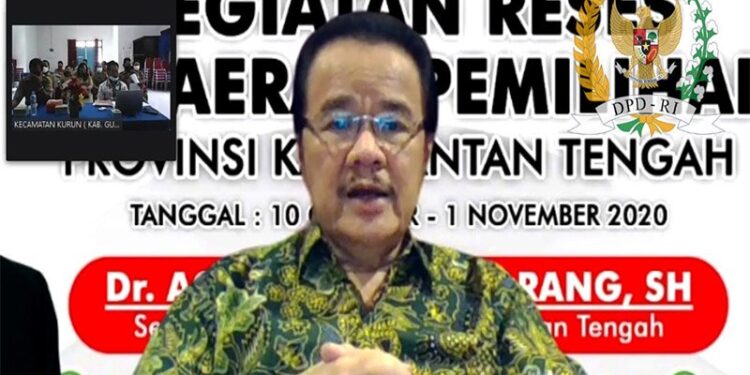 Anggota DPD RI Agustin Teras Narang saat melakukan reses secara virtual kepada sejumlah aparatur kecamatan dan desa yang ada di Kabupaten Gunung Mas, Selasa (20/10/2020). (ANT/IST)