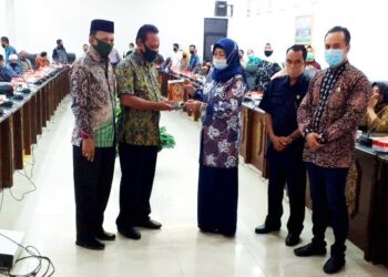Ketua DPRD Kabupaten Barito Utara Hj Mery Rukaini didampingi Wakil Ketua I dan Ketua II DPRD menyerahkan plakat kepada Wakil Ketua I DPRD Kabupaten Hulu Sungai Utara Mawardi serta didampingi Wakil Ketua II DPRD HSU Faturahim A di ruang rapat DPRD setempat di Muara Teweh, Rabu (21/10/2020). (ANT/IST)