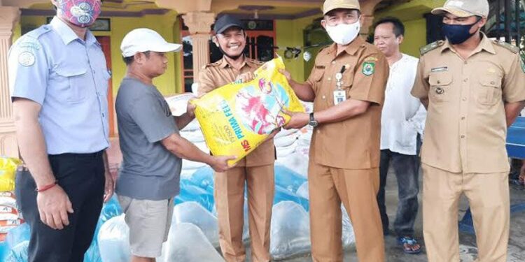 Sekretaris Dinas Perikanan Kabupaten Kapuas, John Phita Kadang (kanan) menyerahkan bantuan perikanan kepada Ketua Ketua Pokdakan Bapuyu Dadahup Noboansyah di Kantor Desa Dadahup, Jumat (6/11). (ANT/IST)