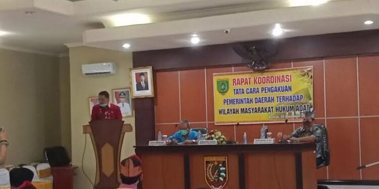 Sekda Barsel, Edy Purwanto saat menyampaikan sambutan pada pembukaan rapat koordinasi tentang tata cara pengakuan pemerintah daerah terhadap wilayah hukum adat, di Buntok, Kamis (5/11). (ANT)