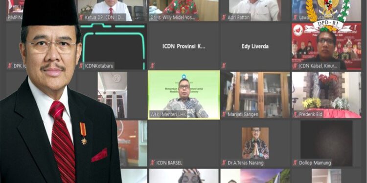 Anggota DPD RI Agustin Teras Narang saat memberikan arahan dalam rapat kerja nasional (rakernas) ICDN I melalui virtual, Palangka Raya, Selasa (10/11/2020). (ANT/IST)