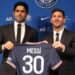 Lionel Messi (kiri) berfoto dengan presiden PSG Nasser Al-Khelaifi saat diperkenalkan sebagai pemain baru klub di konfrensi pers di Parc des Princes, Paris, Prancis pada 11 Agustus 2021. ANT/IST/REUTERS/SARAH MEYSSONNIER