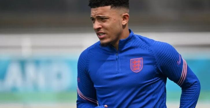 Penyerang Manchester United Jadon Sancho melakukan latihan bersama Timnas Inggris jelang partai final Euro 2020 melawan Italia di St George Park, Burton-on-Trent, Inggris, 10 Juli 2021.(ANT/IST/AFP/PAUL ELLIS)