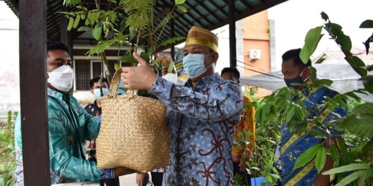 Bupati Lamandau H Hendra Lesmana saat menyerahkan bibit buah secara gratis kepada perwakilan warga, Kamis (12/8/2021).