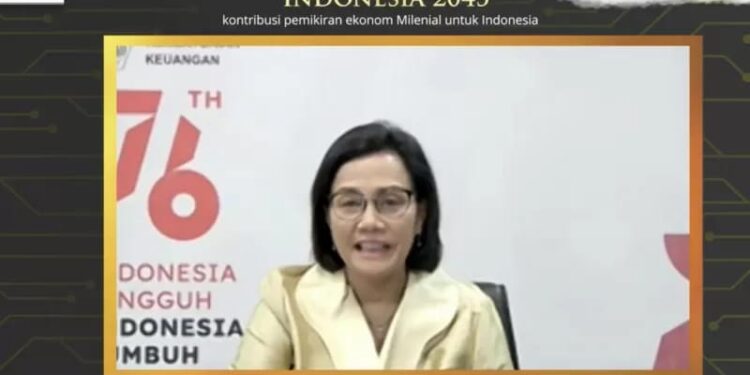 Menteri Keuangan Sri Mulyani Indrawati dalam acara Peluncuran Buku Indonesia 2045 di Jakarta, Jumat (20/8/2021). (MASAPNEWS/ANT/Tangkapan layar)