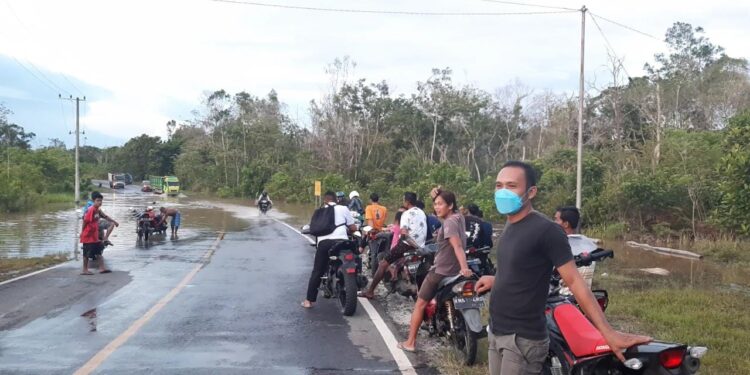 Sekdes Batu Nyapau Jon Prinedi (kanan) memantau banjir yang terjadi di jalan lintas Kecamatan Kurun – Kecamatan Tewah tepatnya di Desa Batu Nyapau, Kecamatan Tewah, Senin sore (13/9/2021). (MASAPNEWS/GCM)