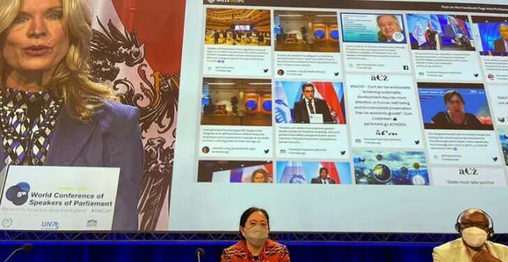 Ketua DPR RI Puan Maharani menjadi salah satu panelis dalam salah satu forum pada konferensi para ketua parlemen dunia kelima (5WCSP), di Austria, Selasa (7/9/2021). ANT/IST