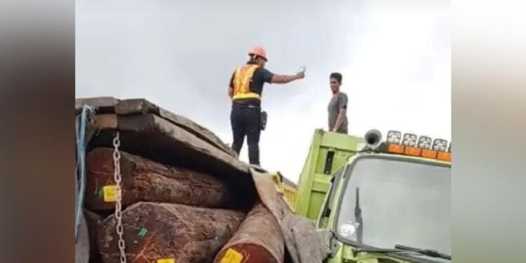 Truk pengangkut log kayu yang terbalik di Desa Bukit Rawi, Kabupaten Pulang Pisau, Jumat (3/9/2021). PT HPL menegaskan truk tersebut bukan transportir milik mereka.
