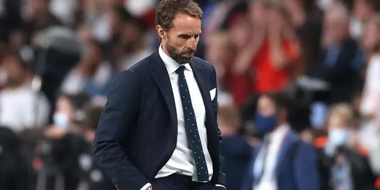 Pelatih timnas Inggris Gareth Southgate saat final Piala Eropa 2020 menghadapi Italia di Wembley Stadium, London, Inggris (11/7/2021). (MASAPNEWS/ANT/REUTERS/Carl Recine)