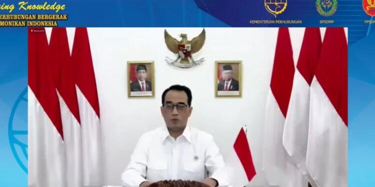 Menteri Perhubungan Budi Karya Sumadi dalam webinar "Insan Perhubungan Bergerak Harmonikan Indonesia" yang dipantau di Jakarta, pada Senin (13/9). (MASAPNEWS/ANT/Tangkapan layar)
