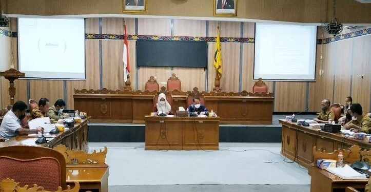 Ketua Bapemperda DPRD Kotawaringin Timur Handoyo J Wibowo didampingi Wakil Ketua Bapemperda Darmawati saat memimpin rapat, Senin (25/10/2021). (ANT)