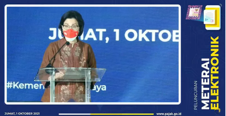 Tangkapan layar - Menteri Keuangan Sri Mulyani Indrawati dalam Peluncuran Meterai Elektronik yang dipantau di Jakarta, Jumat (1/102021). (ANT/Youtube Direktorat Jenderal Pajak/pri)