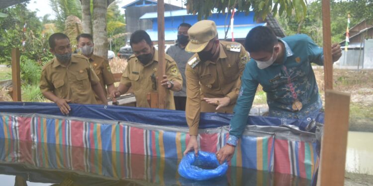 Wakil Ketua I DPRD Gumas Binartha (kanan) bersama Bupati Jaya S Monong (kanan kedua) dan lainnya saat pelepasan bantuan benih ikan kepada pokdakan di Desa Bereng Jun, Kecamatan Manuhing, Senin (25/10/2021). (ANTARA/HO-Diskominfosantik Gumas)