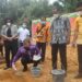 Legislator Gumas Rayaniatie Djangkan (kiri) dan lainnya menyaksikan Bupati Jaya S Monong melakukan peletakan batu pertama gedung GKE Jalemu Masulan, di Desa Jalemu Masulan, Kecamatan Rungan Barat, Minggu (24/10/2021). (IST)