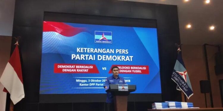 Koordinator juri bicara Partai Demokrat Herzaky Mahendra Putra saat memberikan keterangan pers di kantor DPP Partai Demokrat di Jakarta, Minggu (3/10/2021) (MASAPNEWS/ANT)