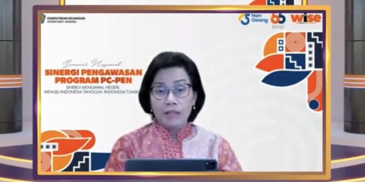 Menteri Keuangan Sri Mulyani Indrawati dalam Seminar Sinergi Pengawasan Nasional Program PC PEN di Jakarta, Kamis (21/10/2021). (MASAPNEWS/ANT/Tangkapan layar)