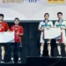 Ganda putra juara Hylo Open 2021 Marcus Fernaldi Gideon/Kevin Sanjaya Sukamuljo (kanan) dan runner up Leo Rolly Carnando/Daniel Marthin (kiri) berpose di atas podium di Saarbrucken, Jerman, Minggu (7/11/2021). (MASAPNEWS/ANT/HO-PP PBSI)