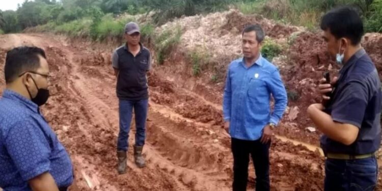 Anggota Fraksi Demokrat DPRD Kotawaringin Timur Parningotan Lumban Gaol jalan di Desa Bukit Batu Kecamatan Cempaga Hulu yang rusak parah, Rabu (12/1/2022). (MASAPNEWS/ANT/HO-DPRD Kotim)