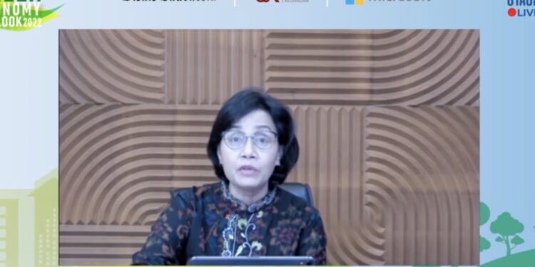 Tangkapan layar Menteri Keuangan Sri Mulyani Indrawati saat menyampaikan keynote speech pada webinar Green Economy Outlook 2022, Selasa (22/2/2022). (MASAPNEWS/ANT/YouTube Bisnis Indonesia Event Organizer)