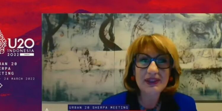 Sekretaris Jenderal Asosiasi Pemerintah Kota dan Pemerintah Daerah tingkat dunia (United Cities and Local Governments/UCLG) Emilia Saiz Urban 20 (U20) sherpa meeting yang diselenggarakan secara virtual, Rabu. (23/3/2022). (MASAPNEWS/ANT)