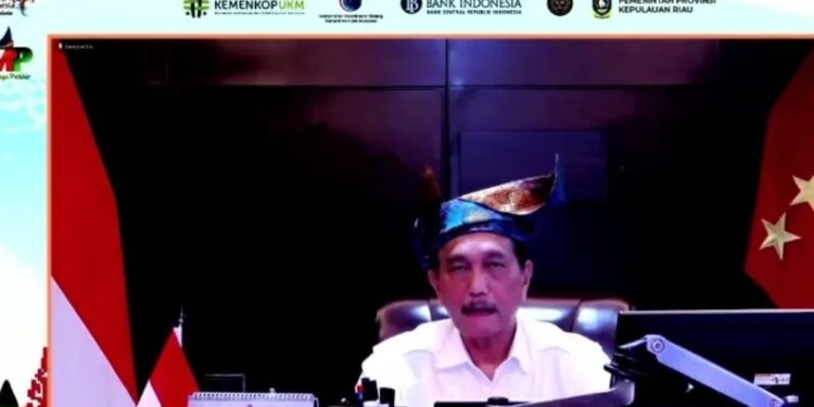 Menko Kemaritiman dan Investasi Luhut Binsar Pandjaitan saat menyampaikan sambutannya secara virtual dalam Pembukaan Gernas BBI Kepri Gebyar Melayu Pesisir, Rabu (30/3/2022). (MASAPNEWS/ANT/Youtube ANTARA News)