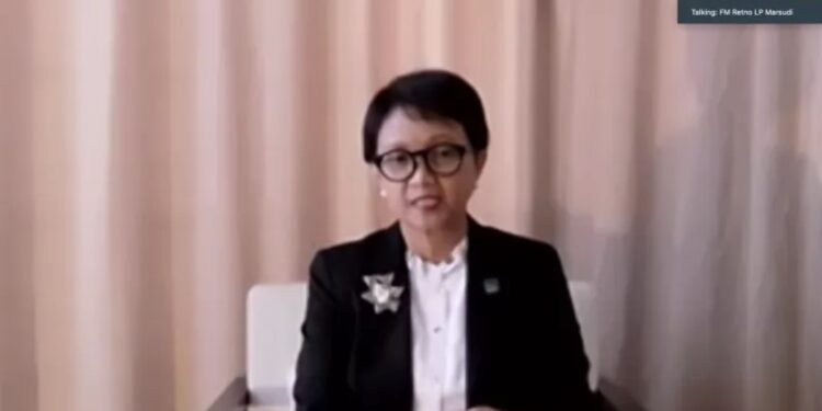 Tangkapan layar Menteri Luar Negeri RI Retno Marsudi Menlu dalam press briefing yang dipantau dari Jakarta, Kamis (31/3/2022). (MASAPNEWS/ANT)