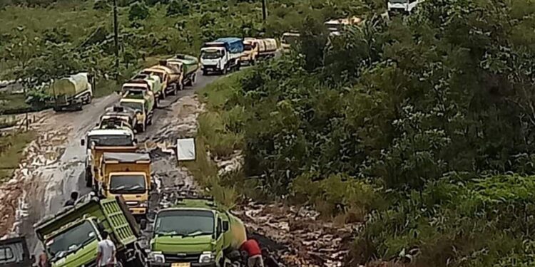 Truk amblas sebabkan kemacetan di ruas jalan Palangka Raya-Kuala Kurun tepatnya di sekitar wilayah Penda Linda Kecamatan Kurun, Senin (25/4/2022). (IST)