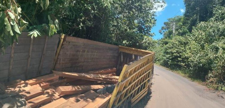 Truk mengalami kecelakaan sehingga angkutan produksi yang dibawa sempat tumpah, di ruas jalan Tewah-Tumbang Miri, baru-baru ini. (MASAPNEWS)