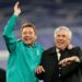 Pelatih Real Madrid Carlo Ancelotti (kanan) dan asisten pelatih Francesco Mauri merayakan keberhasilan tim mereka mencapai final Liga Champions setelah mengalahkan Manchester City dalam leg kedua semifinal di Santiago Bernabeu, Madrid, 4 Mei 2022. (ANT/Action Images via Reuters/CARL RECINE.)