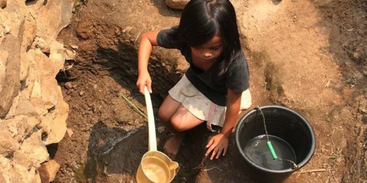 Arsip - Seorang anak warga Cibadak, Lebak, Banten mengambil air di sumur resapan irigasi sawah yang sudah mengering (12/9/2015). (MASAPNEWS/ANT)