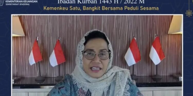 Menteri Keuangan Sri Mulyani Indrawati dalam Qurban Kemenkeu di Jakarta, Selasa (12/7/2022). (MASAPNEWS/ANT)