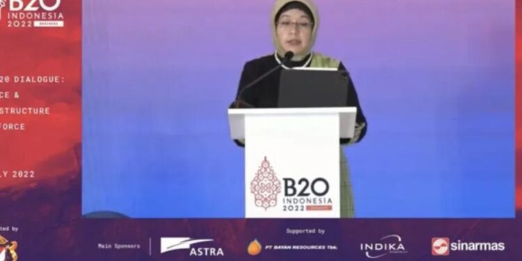 Deputi Bidang Ekonomi Kementerian PPN/Bappenas Amalia Adininggar Widyasanti dalam B20-G20 Dialogue bertajuk Finance and Infrastructure Task Force yang diikuti Antara di Jakarta, Kamis (14/7/2022). (MASAPNEWS/ANT)