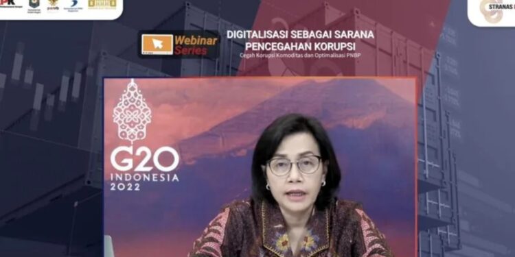 Menteri Keuangan Sri Mulyani Indrawati dalam Webinar Digitalisasi sebagai Sarana Pencegahan Korupsi di Jakarta, Rabu (3/8/2022). (MASAPNEWS/ANT)