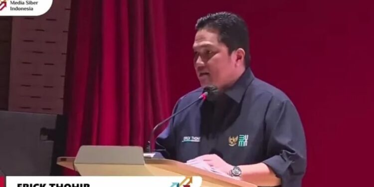 Tangkapan layar Menteri BUMN Erick Thohir dalam webinar “Menuju Masyarakat Cashless” yang dipantau di Jakarta, Rabu (3/8/2022). (MASAPNEWS/ANT)
