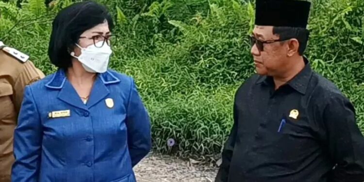 Ketua DPRD Kotim Rinie dan Wakil Ketua II DPRD Hairis Salamat berbincang saat meninjau kerusakan Jalan Mohammad Hatta atau lingkar selatan Sampit, Senin (25/7/2022) lalu. (MASAPNEWS/ANT)