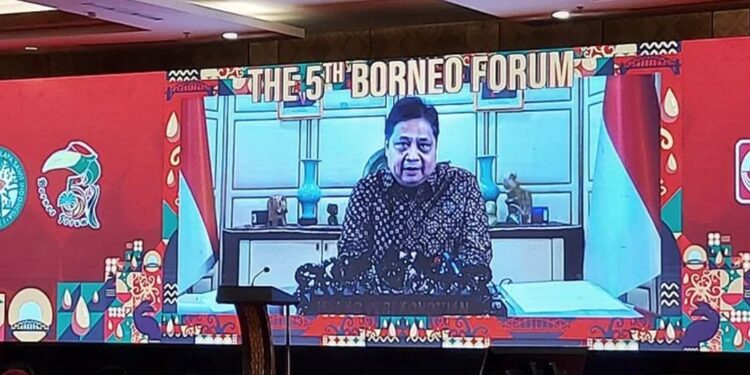 Menteri Koordinator Bidang Perekonomian Airlangga Hartarto memberikan sambutan secara virtual dalam acara Borneo Forum ke-5 di Palangka Raya, Kalimantan Tengah, Rabu (24/8/2022). (MASAPNEWS/ANT)
