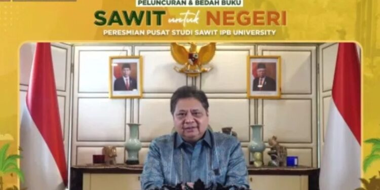 Menteri Koordinator Bidang Perekonomian Airlangga Hartarto saat menyampaikan keynote speech secara virtual dalam acara Peluncuran dan Bedah Buku “Sawit Untuk Negeri” serta Peresmian Pusat Studi Sawit IPB University, Jumat (9/9/2022). (MASAPNEWS/ANT/HO-Kemenko Perekonomian)