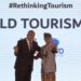 Menteri Pariwisata dan Ekonomi Kreatif Sandiaga Salahuddin Uno (kanan) dan Sekretaris Jenderal Organisasi Pariwisata Dunia (UNWTO) Zurab Pololikashvili (kiri) berfoto saat peringatan World Tourism Day di Nusa Dua, Badung, Bali, Selasa (27/9/2022). (MASAPNEWS/ANT)