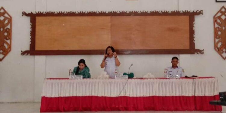 Wabup Gumas Efrensia LP Umbing (tengah) didampingi Ketua TP PKK Kabupaten Gumas Mimie Mariatie Jaya S Monong (kiri) dan Camat Tewah Hendra (kanan) saat lokmin stunting Kecamatan Tewah, Rabu (28/9/2022). (Foto : TPPS Kabupaten Gumas)