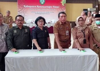 Ketua DPRD Kotawaringin Timur Rinie (tengah) dan pejabat lainnya menekan tombol menandai peluncuran aplikasi Sipimakai Pengelolaan Pemanfaatan Ekskavator, Senin (3/10/2022). (ANT)