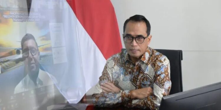 Menteri Perhubungan Budi Karya Sumadi saat membuka Rapat Umum Anggota dan Pemilihan Kepengurusan INACA 2022-2025 dengan tema “Recover Stronger Grow Faster” secara daring, Kamis (27/10/2022). (Kemenhub)