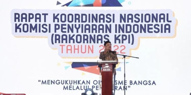 Menteri Komunikasi dan Informatika Johnny G. Plate saat Rapat Koordinasi Nasional KPI Tahun 2022 di Tangerang Selatan, Banten, Senin (7/11/2022). (MASAPNEWS/ANT/kominfo.go.id)