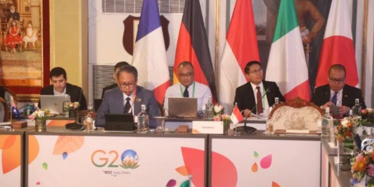 Deputi Bidang Koordinasi Kerja Sama Ekonomi Internasional Kemenko Perekonomian Edi Prio Pambudi dalam sesi diskusi Sherpa Presidensi G20 India di India, Minggu. (MASAPNEWS/ANT/Kemenko Perekonomian)