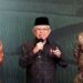 Wakil Presiden Ma'ruf Amin menyampaikan pernyataan kepada wartawan didampingi Wakil Menteri Pertanian Harvick Hasnul Qolbi (kiri)) dan Menteri Pertanian Syahrul Yasin Limpo (kanan) setelah membuka Rapat Kerja Nasional (Rakernas) Pembangunan Pertanian tahun 2023 Kementerian Pertanian dengan tema "Memperkuat Sektor Pertanian Sebagai Pengendali Inflasi Dalam Menghadapi Krisis Pangan Dunia", di Jakarta Rabu, (25/1/2023). (MASAPNEWS/ANT/HO-BPMI, Setwapres)