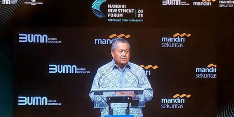 Gubernur Bank Indonesia (BI) Perry Warjiyo dalam acara "Mandiri Investment Forum 2023", di Jakarta, Rabu (1/2/2023). (MASAPNEWS/ANT)