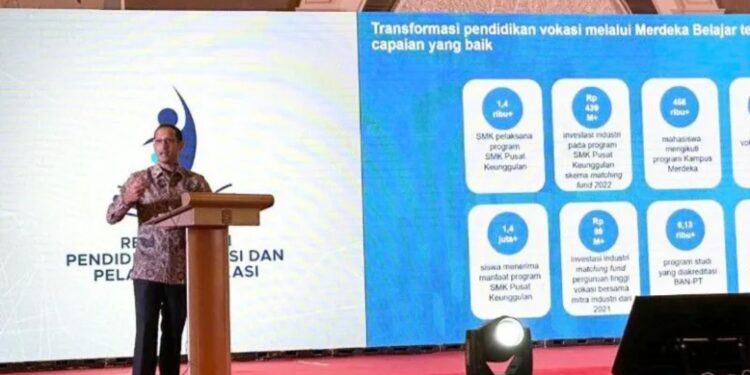 Menteri Pendidikan, Kebudayaan, Riset, dan Teknologi (Mendikbudristek) Nadiem Anwar Makarim dalam acara Peluncuran Perpres Nomor 68 Tahun 2022 tentang Revitalisasi Pendidikan Vokasi dan Pelatihan Vokasi di Jakarta, Selasa (21/2/2023). (MASAPNEWS/ANT/HO-Humas Kemenko PMK)