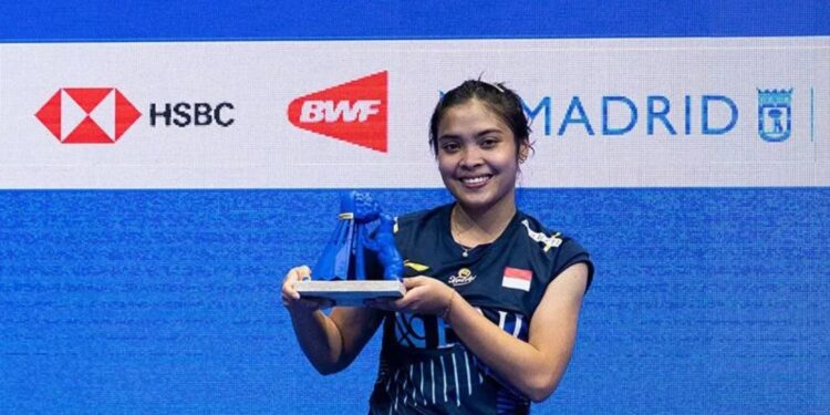 Gregoria Mariska Tunjung merengkuh gelar World Tour pertamanya di Spain Masters 2023 setelah mengalahkan pebulutangkis India P. V. Sindhu pada laga final yang digelar hari Minggu (2/4/2023, 8:28 PM · Apr 2, 2023). (MASAPNEWS/ANT/Twitter/@INABadminton)